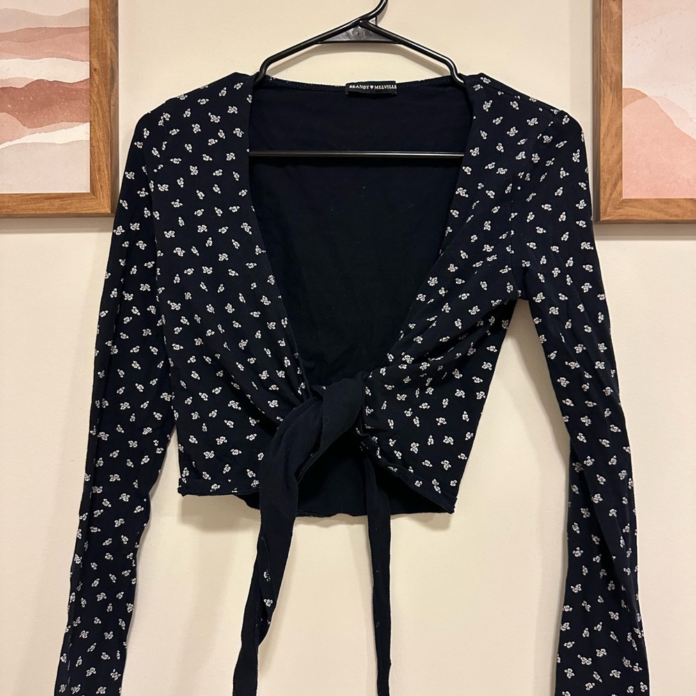 Brandy Melville Navy Floral wrap around tie blouse